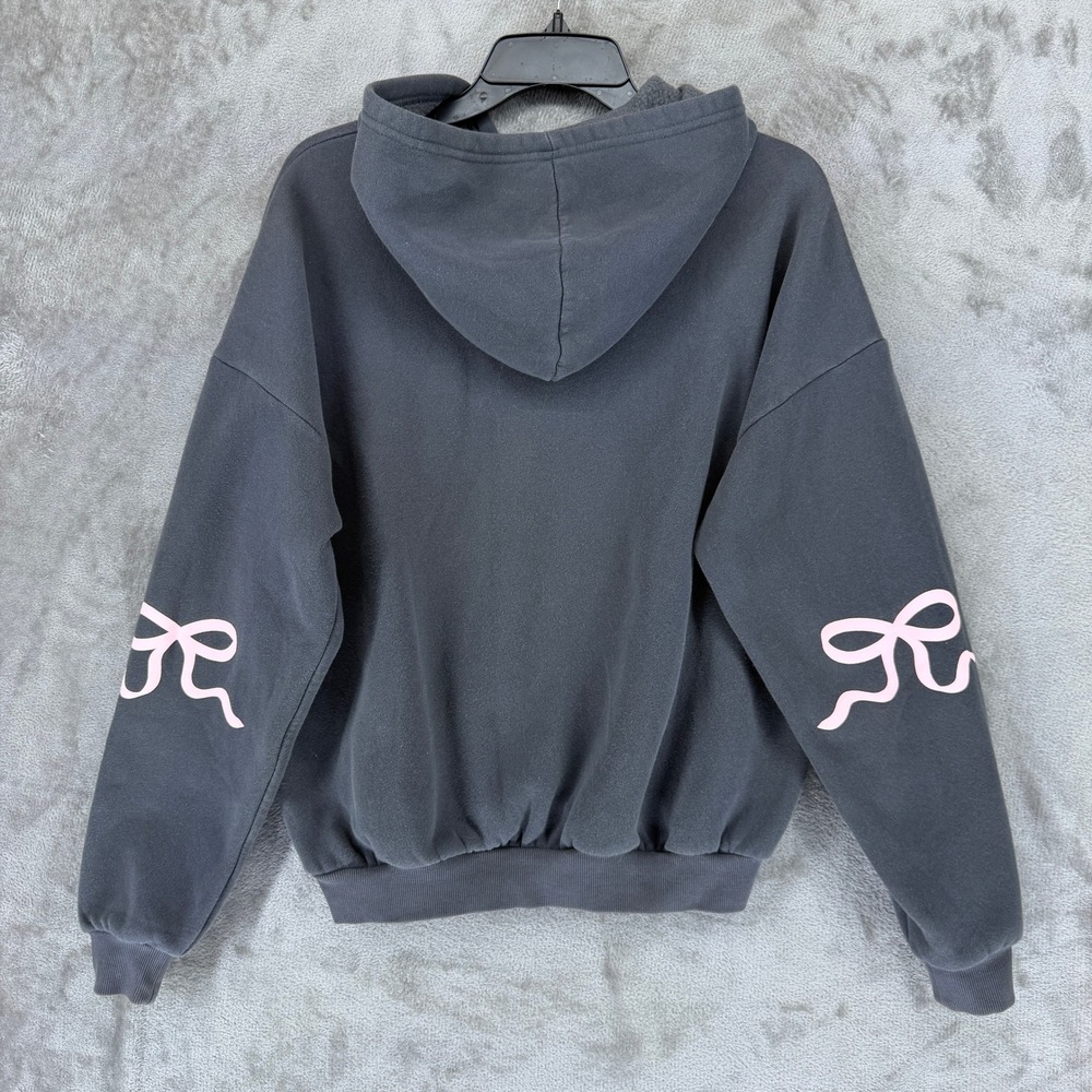 Edikted Womens Charcoal Grey Pink Bow Sleeve Fleece Hoodie Sweatshirt Small - Picture 10 of 11
